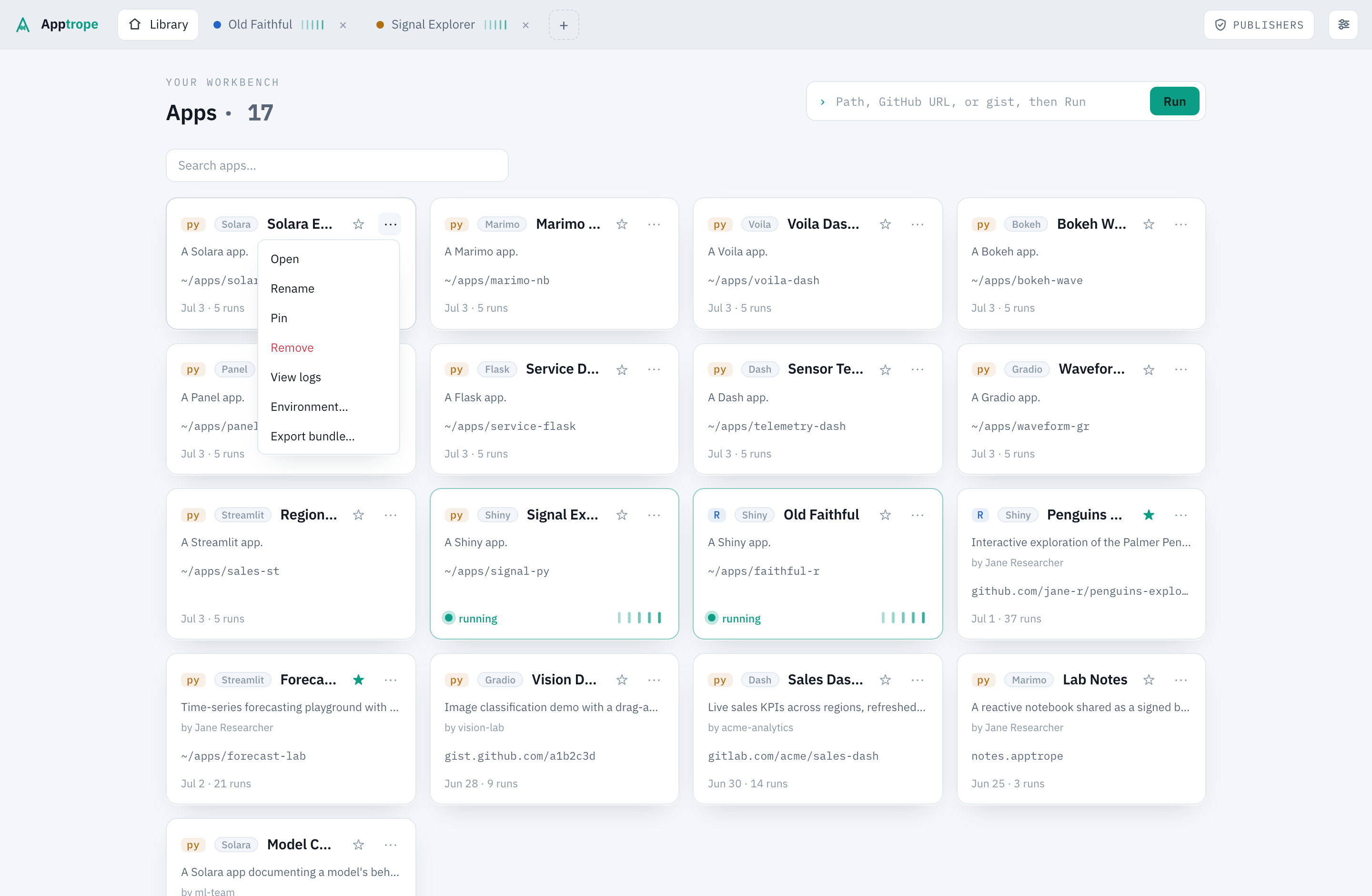 The per-app actions menu: open, rename, environment, export bundle, view logs