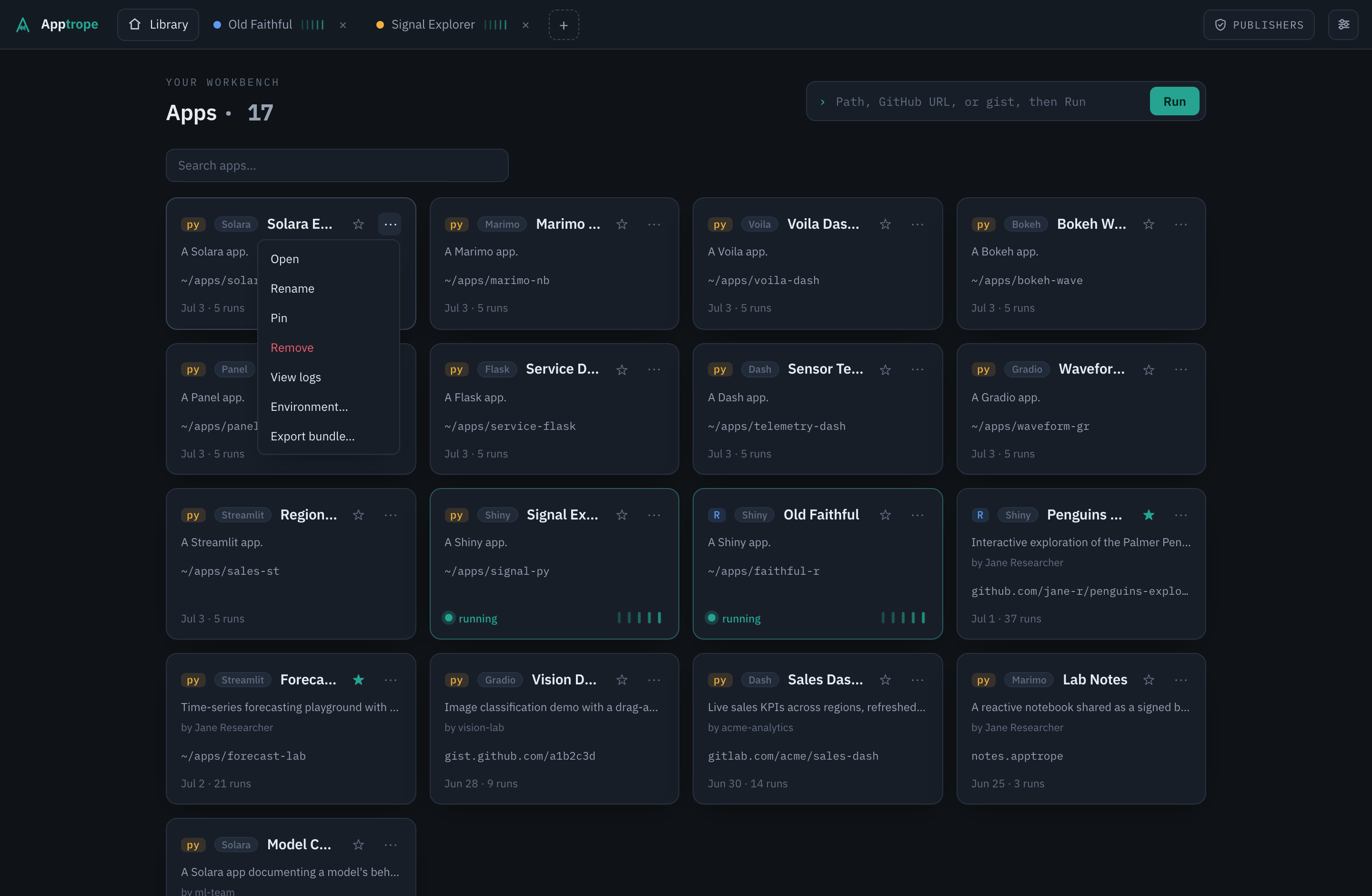 The per-app actions menu: open, rename, environment, export bundle, view logs