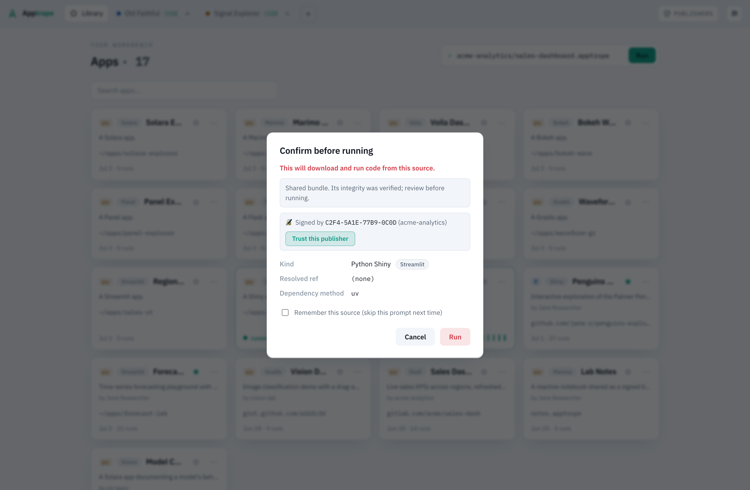 The Confirm-before-running dialog with integrity and signature status