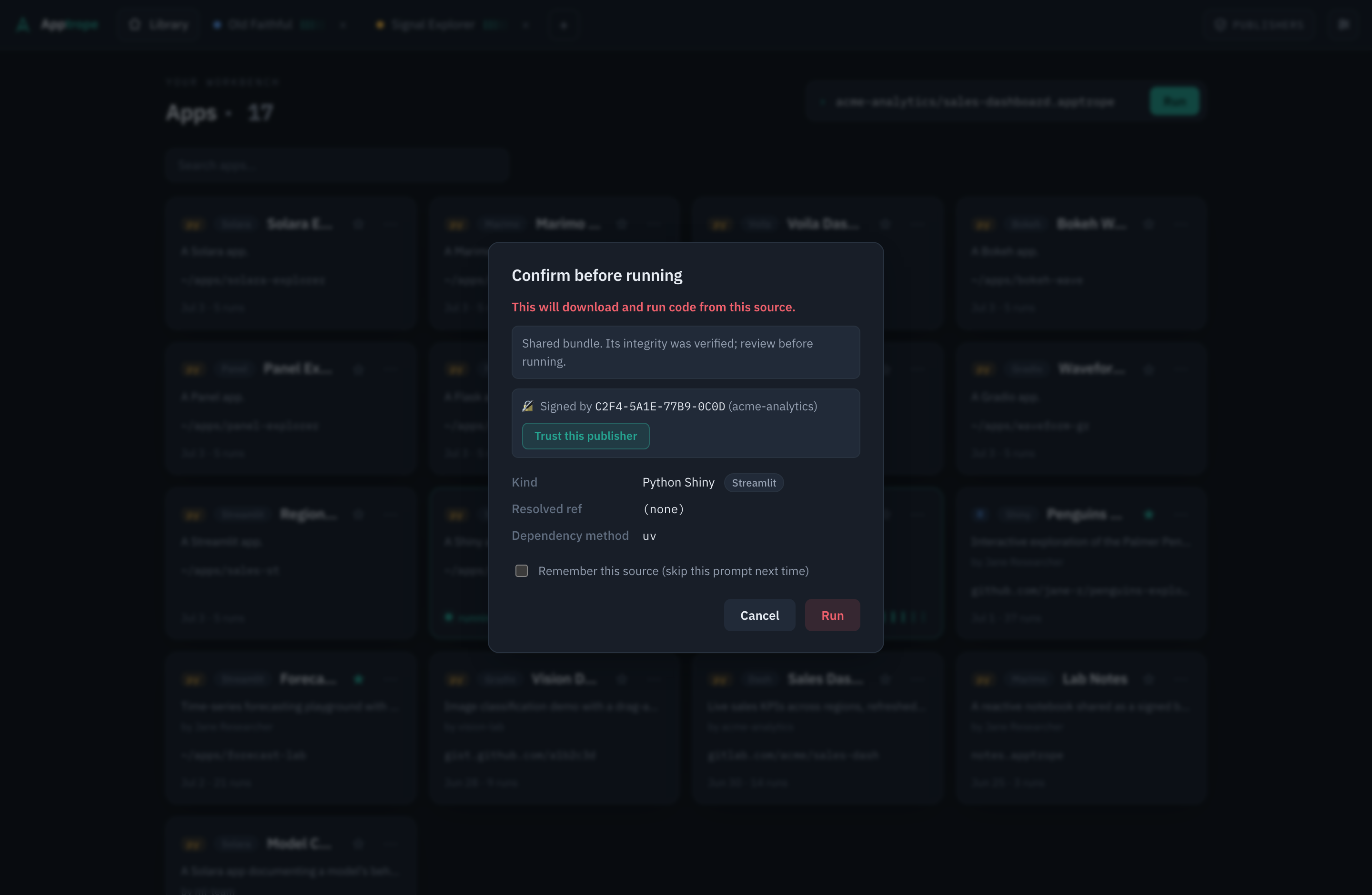 The Confirm-before-running dialog with integrity and signature status