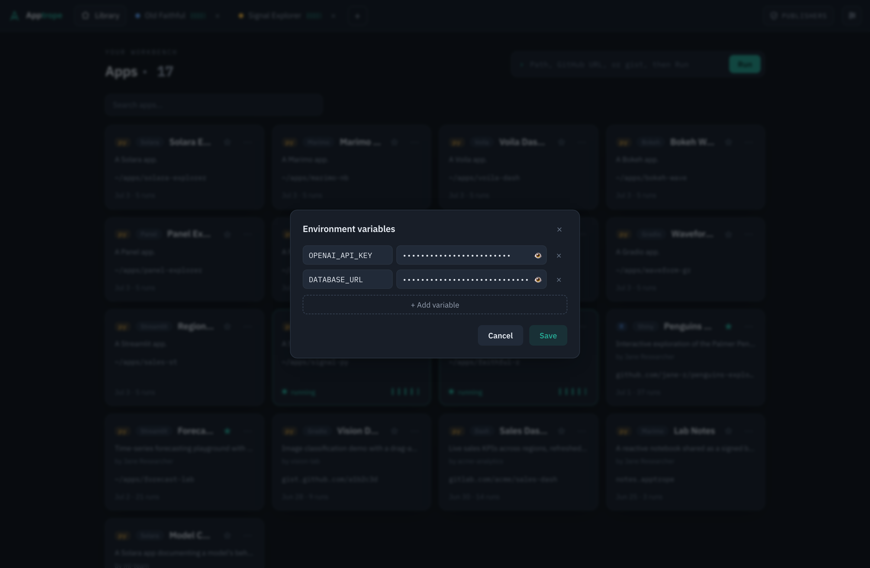 The environment-variables editor with masked secret values