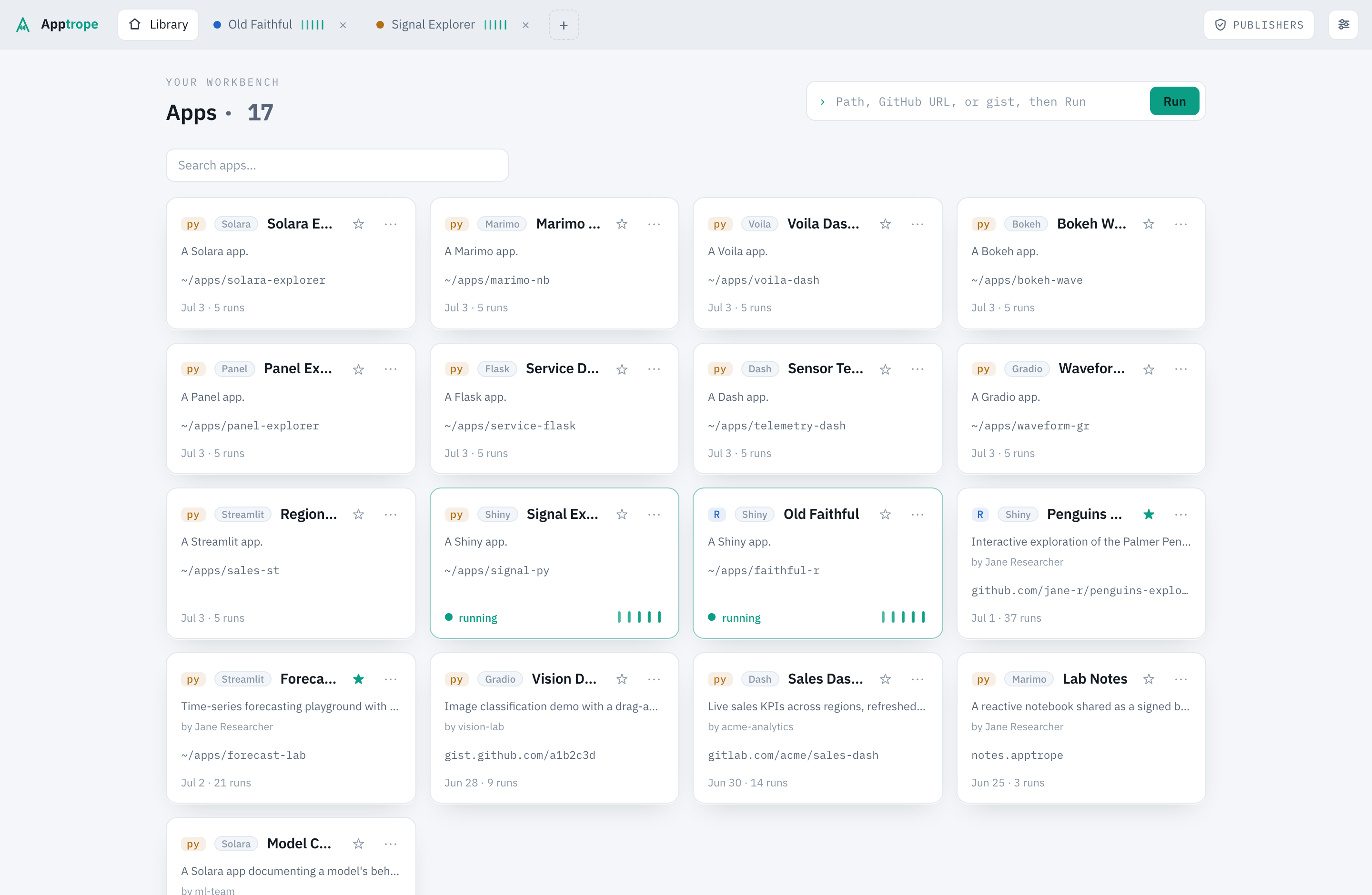 The Apptrope workbench: a searchable library of R and Python apps shown as cards