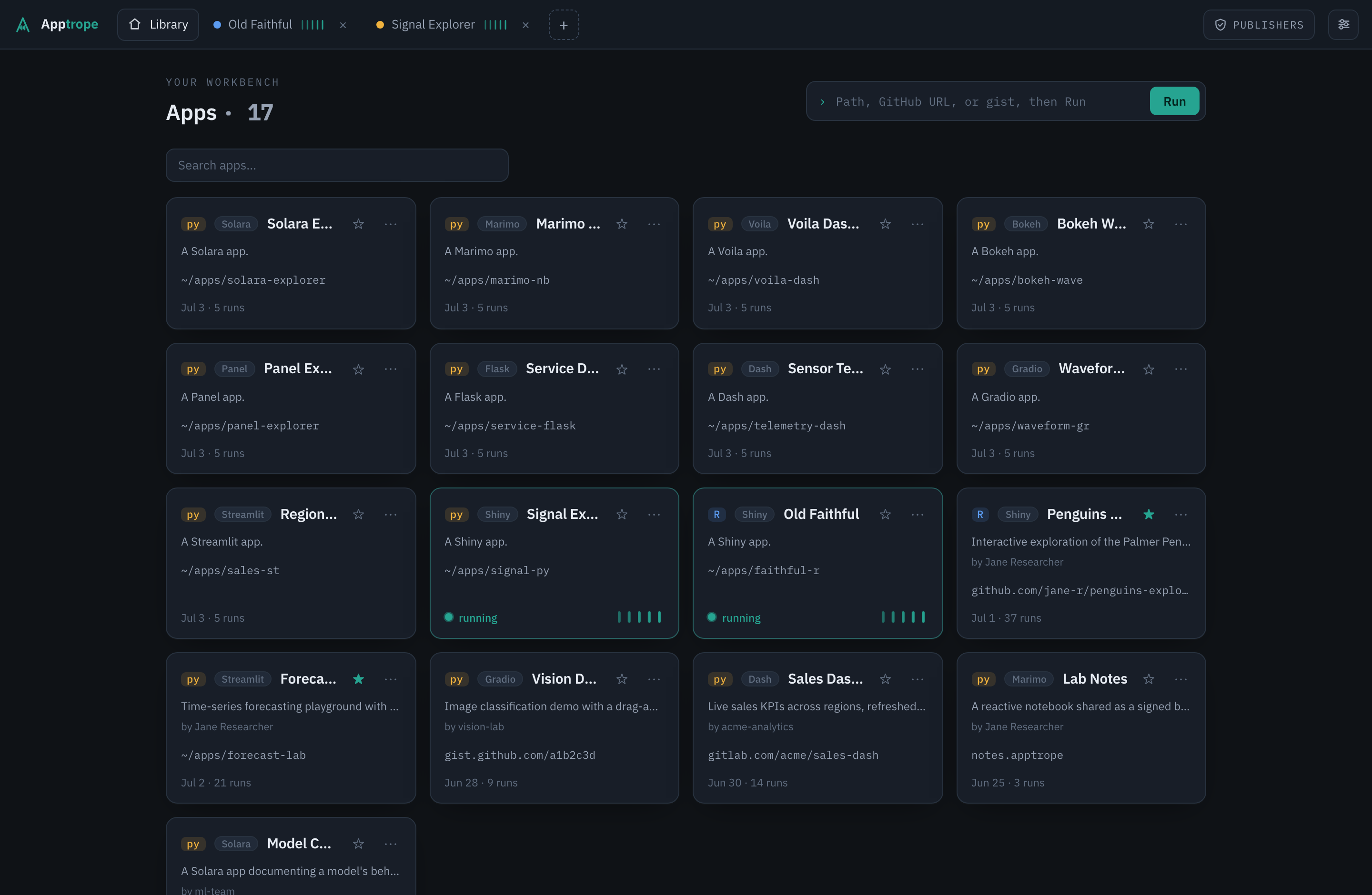 The Apptrope workbench: a searchable library of R and Python apps shown as cards