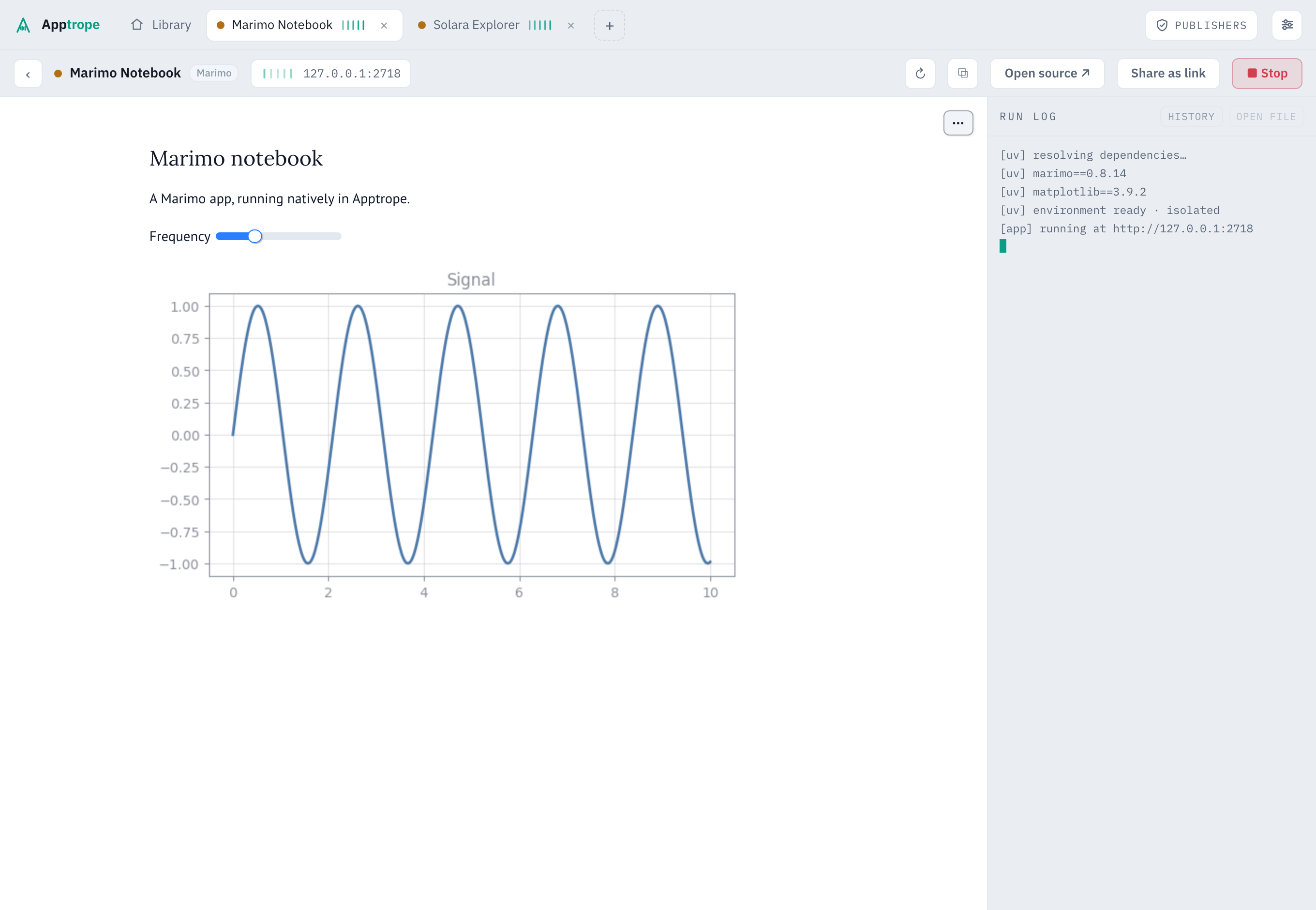A Marimo notebook running inside Apptrope