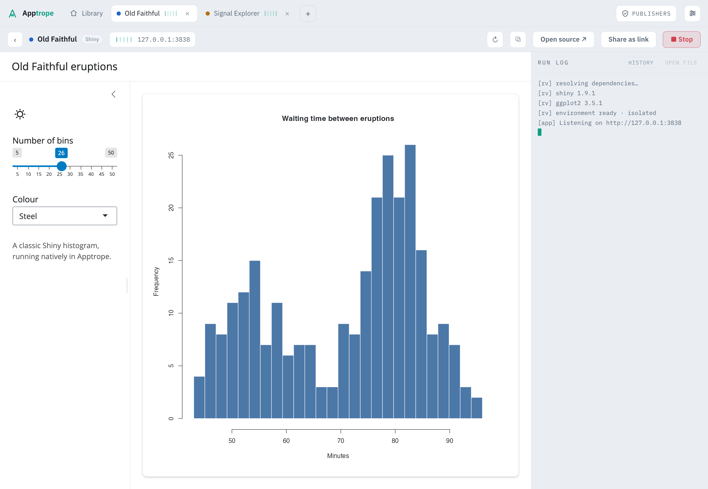 An R Shiny histogram app running inside Apptrope