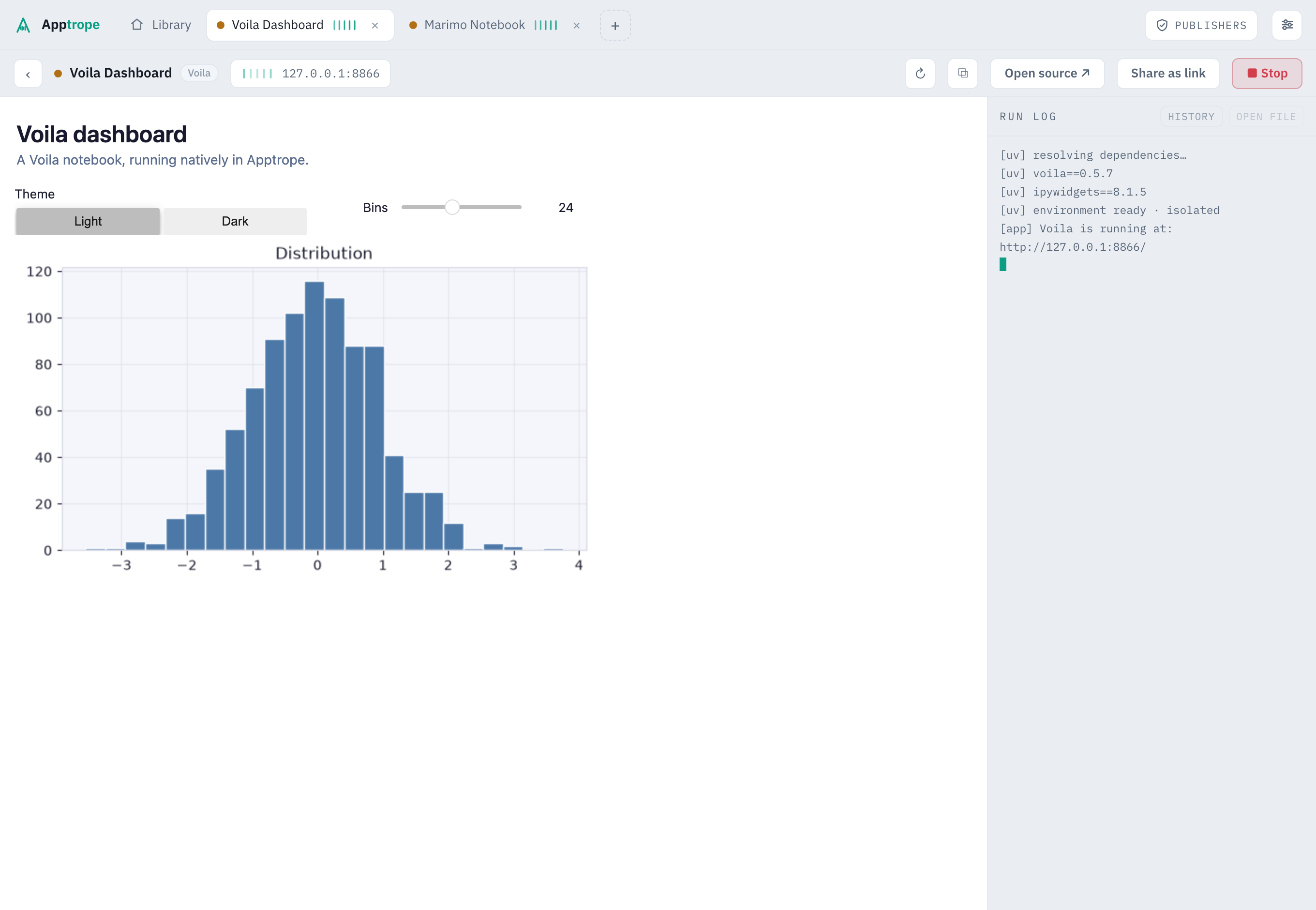 A Voila notebook running inside Apptrope