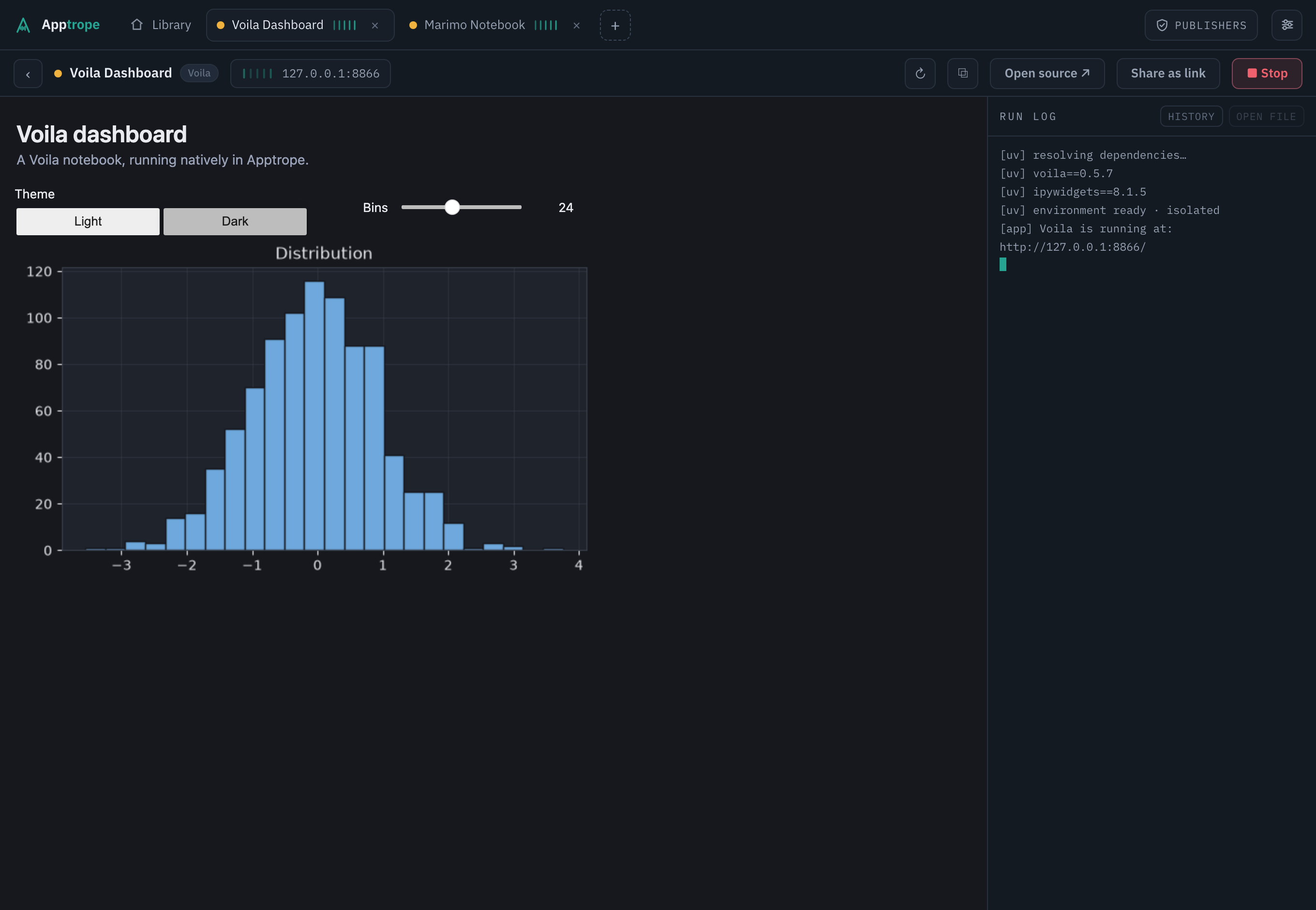 A Voila notebook running inside Apptrope